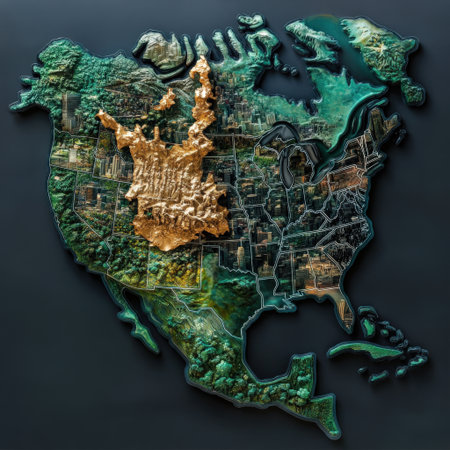 A map of the United States with a gold border. The map is made of metal and has a shiny, metallic appearanceの素材