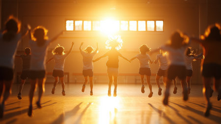 A group of teenagers practicing jumping jacks in a school gymnasium.の素材
