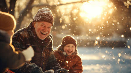 A senior man sitting on a sled, laughing with his grandchildren in a snowy yard.の素材
