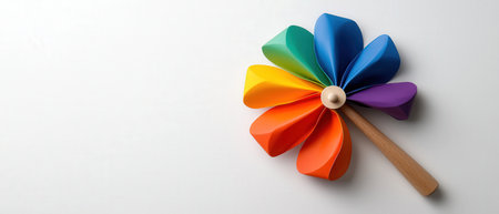 A colorful pinwheel with a sturdy wooden handle, lying flat on a clean white surfaceの素材