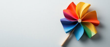 A colorful pinwheel with a sturdy wooden handle, lying flat on a clean white surfaceの素材