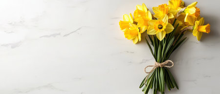 A cheerful bundle of yellow daffodils tied with twine, resting on a white surfaceの素材