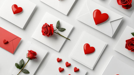 A collection of romantic greeting cards with heart and rose patterns, laid flat on a seamless white backgroundの素材