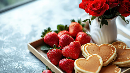 Heart shaped pancakes with fresh strawberries and red roses for Valentine's dayの素材