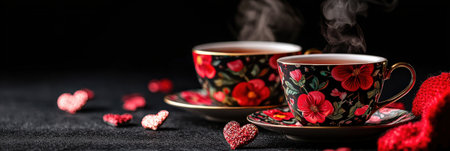 Cup of tea with red flowers and heart on black background.の素材