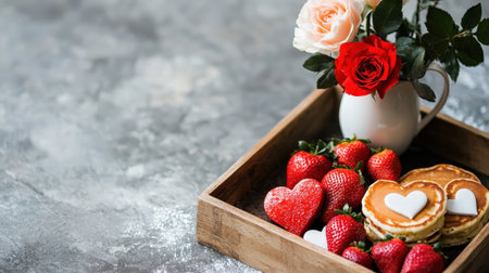 Valentines day background with heart shaped pancakes, strawberries and rosesの素材