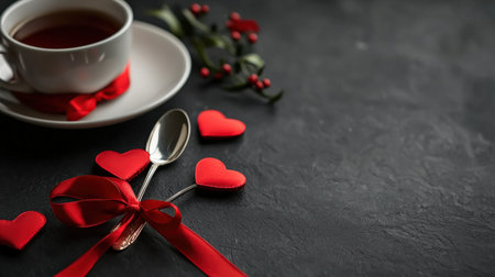 Cup of tea with red ribbon and hearts on dark background. Valentines day conceptの素材