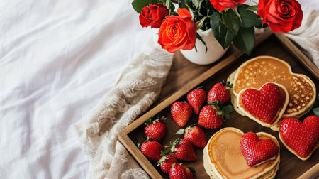 Breakfast in bed with heart shaped pancakes, fresh strawberries and red rosesの素材
