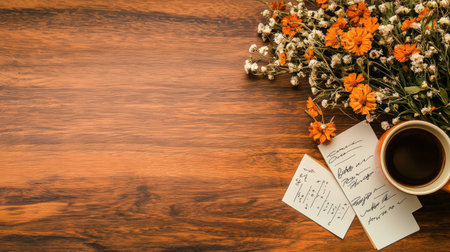 Cup of coffee and calendula flowers on a wooden backgroundの素材