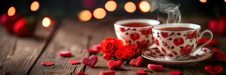 Two cups of tea with red heart on wooden table. Valentines day backgroundの素材