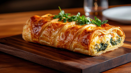 A flaky quiche with spinach and cheese filling, served on a wooden board.の素材