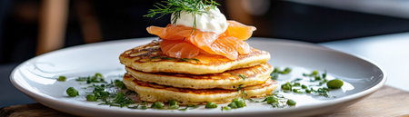 A plate of savory pancakes topped with smoked salmon and a dollop of cream cheese.の素材