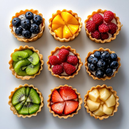 A top-down view of mini fruit tarts arranged in a circular pattern.の素材