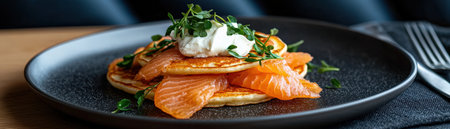 A plate of savory pancakes topped with smoked salmon and a dollop of cream cheese.の素材