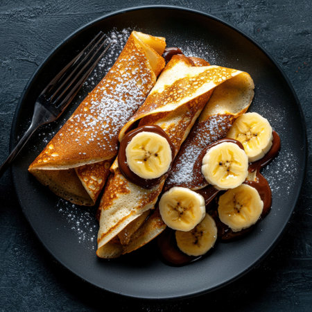 A serving of crepes folded with Nutella and banana slices, garnished with powdered sugar.の素材
