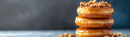 A stack of glazed donuts with caramel drizzle and crushed nuts.の素材