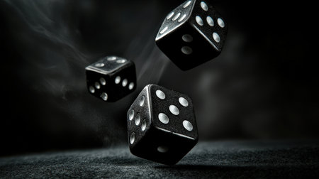 A black and white photograph of dice, with one falling in the air. The background is a dark gray to create contrast between the light from rolling the die and its shadow. There is an emphasis on sharp details, with each die having three visible dots. This scene could be used for gaming or gambling themes. --ar 16:9 --quality 2 --personalize ooj6fpf --v 6.1 Job ID: febef432-3041-47c4-a86d-c59def15ec79の素材