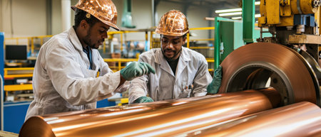 Workers inspecting copper sheets being rolled out of an industrial press.の素材