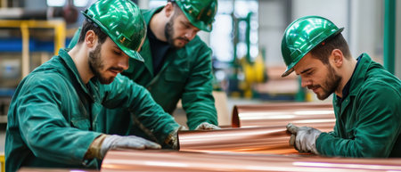 Workers inspecting copper sheets being rolled out of an industrial press.の素材