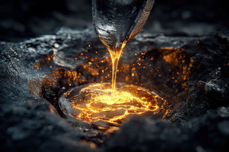 A steel mill operating at full capacity, molten metal glowing as it poured into molds.の素材