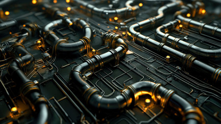 Aerial view of an industrial landscape with an intricate network of pipelines.の素材