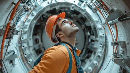 Focused construction worker tilts their head up, studying the inner workings of a vast elevator shaft, surrounded by raw concrete and cablesの素材
