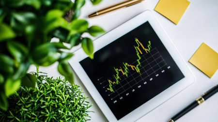 A flat lay of a modern workspace with a financial chart displayed on a tablet, a pen, and motivational sticky notesの素材