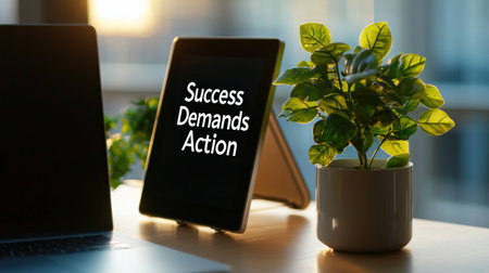 A motivational quote displayed in a minimalist office reading "Success Demands Action" with sleek furnitureの素材