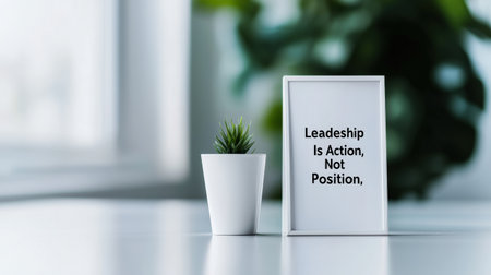 A motivational poster in a sleek office reading "Leadership Is Action, Not Position," surrounded by minimalistic decorの素材
