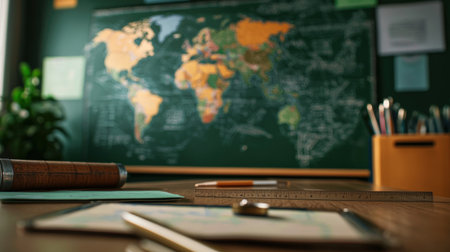 A classroom setting with a large state map pinned to a board and geography tools like compasses and rulers aroundの素材