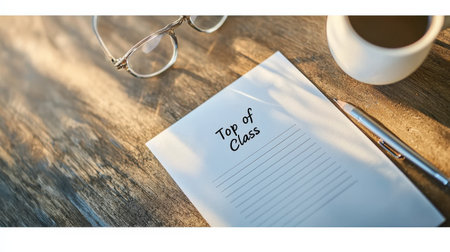 A report card marked "Top of Class" in bold, styled on a teacher desk with glasses and coffeeの素材
