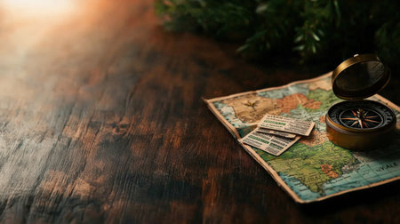 A folded state map placed on a rustic table with vintage travel tickets and an old-fashioned compassの素材