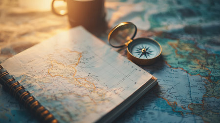 A folded state map placed beside a travel journal and a compass, styled with rustic tones and lightingの素材