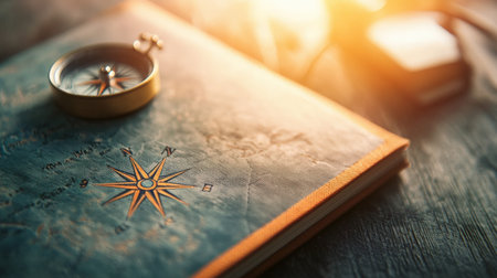 A folded state map placed beside a travel journal and a compass, styled with rustic tones and lightingの素材