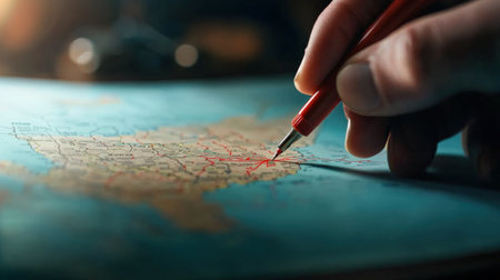 A close-up of a traveler hand marking a destination on a printed state map with a red penの素材