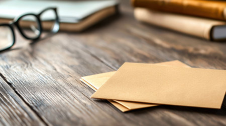 A report card partially tucked into an envelope, lying on a teacher desk with books and glassesの素材