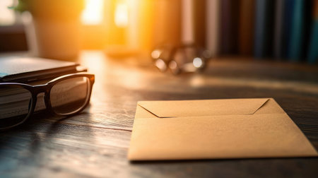 A report card partially tucked into an envelope, lying on a teacher desk with books and glassesの素材