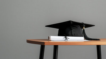 A graduation cap placed next to a report card and a rolled-up diploma, styled on a modern tableの素材