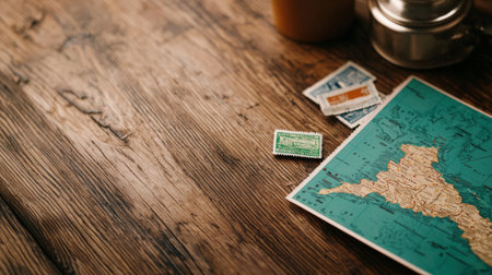 A state map highlighting historical sites, styled on a wooden desk with a stack of postcards and vintage stampsの素材