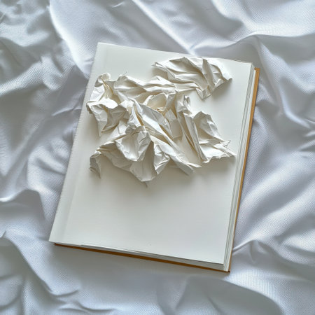 A book with white pages is on a white cloth. The book is open to a page with a white paper. The paper is torn and crumpled. The book is placed on a tableの素材