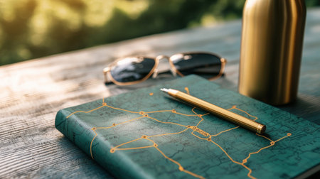 A folded state map with a pen marking travel routes, styled alongside a pair of sunglasses and a water bottleの素材