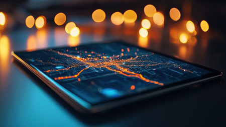 A vibrant map of a state transportation system displayed on a digital tablet, styled with business notes nearbyの素材