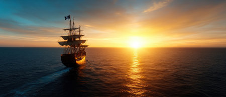 A large ship sails through the ocean at sunset. The sky is a mix of orange and pink hues, creating a serene and peaceful atmosphere. The ship's sails are billowing in the windの素材