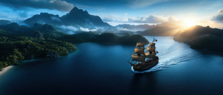 A large ship sails through a calm body of water. The sky is blue and the sun is settingの素材