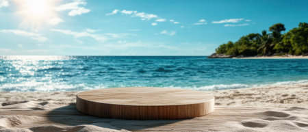 A beach scene with a large wooden round object on the sand. The beach is calm and peaceful, with the ocean in the background. The wooden object is a perfect spot for people to sit and relaxの素材