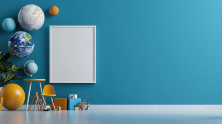 A blue room with a white frame and a white wall. The frame is empty. There are three chairs and a table in the room. There are also three globes and a ballの素材
