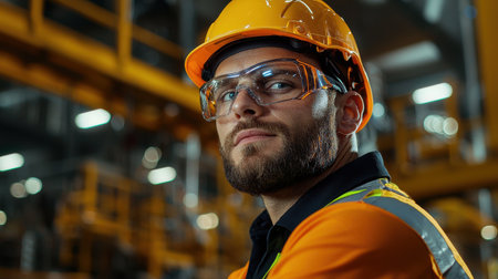 A man wearing a yellow helmet and safety glasses stands in front of a building. He is wearing an orange shirt and a reflective vestの素材