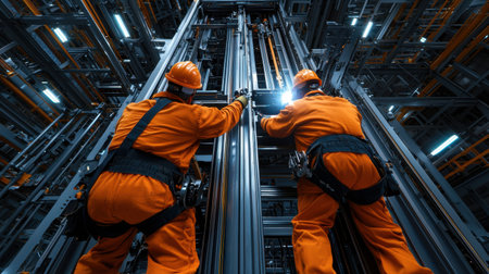 Two men in orange safety gear are working on a tall structure. Concept of danger and risk, as the workers are at a great height and must be careful not to fallの素材