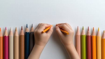 A child is drawing with a pencil on a white background. The pencils are lined up in a row, with some being longer than others. The child's hands are holding the pencilsの素材