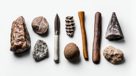 A collection of rocks and sticks, including a knife, a stick, and a rock. Concept of exploration and discoveryの素材